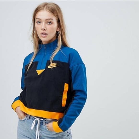 Nike Blue & Orange Colorblock Polar Fleece Cropped Sweatshirt Womens Size Large - Picture 1 of 8